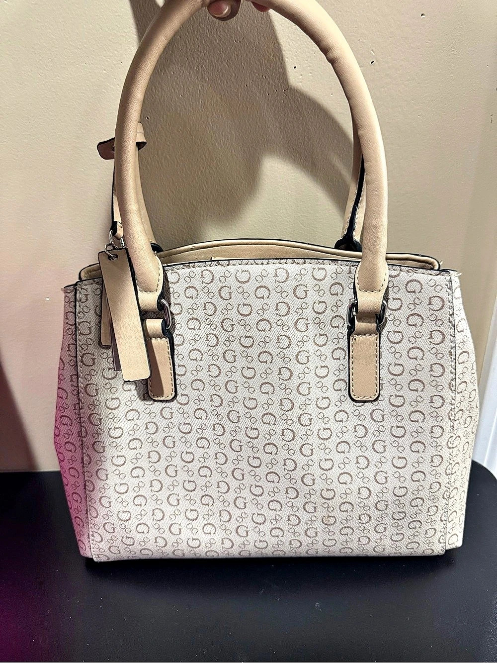 GUESS Logo Print Tote in Beige & Brown